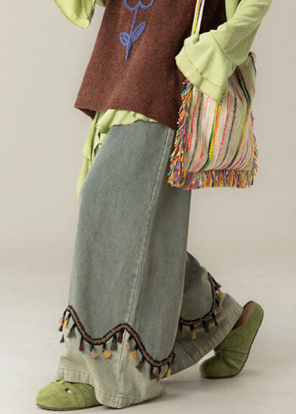 Blue Tasseled High Waist Patchwork Denim Wide Leg Pants Fall