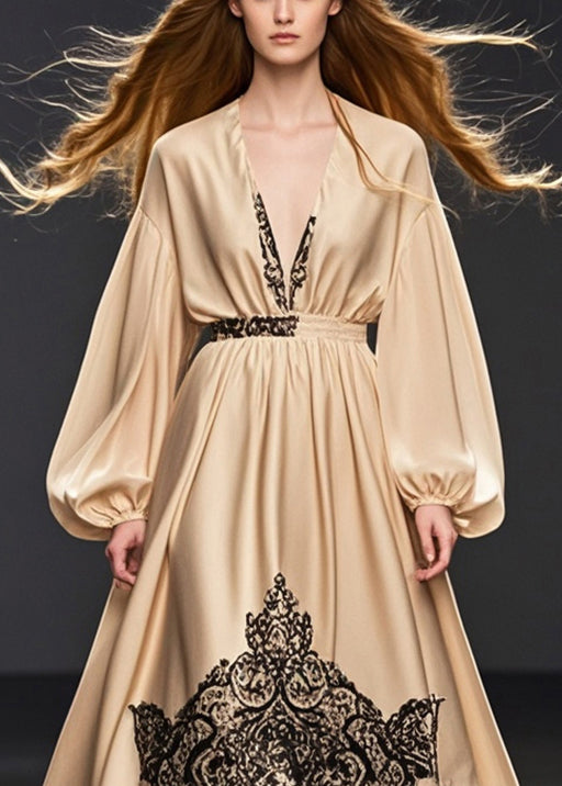 Khaki Deep-v Neck Print Silk Party Dress Fall