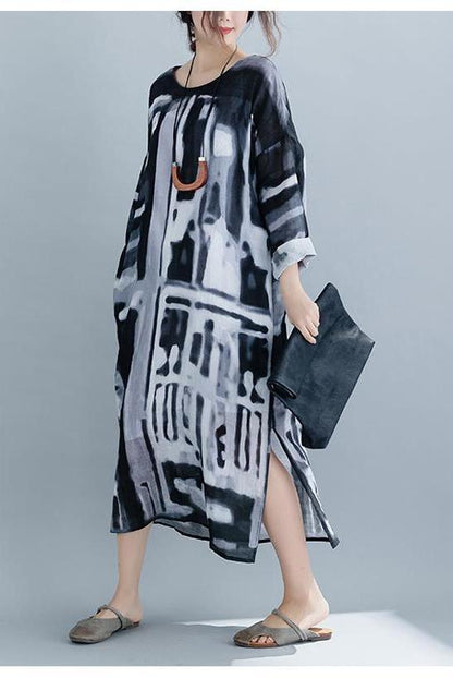 Loose Black Print Loose Linen Maxi Dresses for