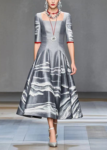 Grey Print Exra Large Hem Cotton Dress Half Sleeve