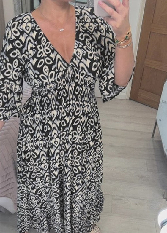 Red V Neck Print Cotton Dresses Summer