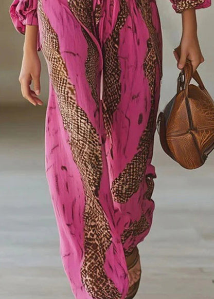 Pink V Neck Print Lace Up Cotton Jumpsuit Fall