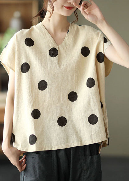 Light Khaki V Neck Print Patchwork Linen T Shirt Tops Summer