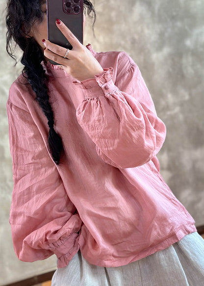 Red Ruffled Linen Blouses Lantern Sleeve