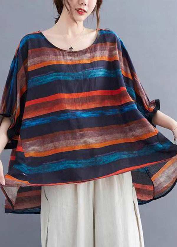 Orange O Neck Striped Cotton Top Batwing Sleeve