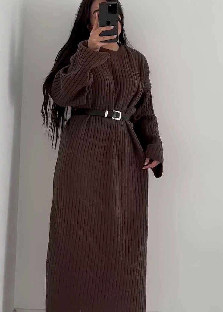 Grey O Neck Long Knit Sweaters Dress Fall
