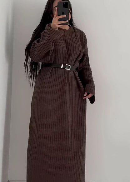 Grey O Neck Long Knit Sweaters Dress Fall