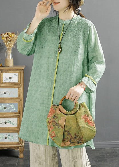 Loose Green Embroidered Button Cotton Shirt Summer