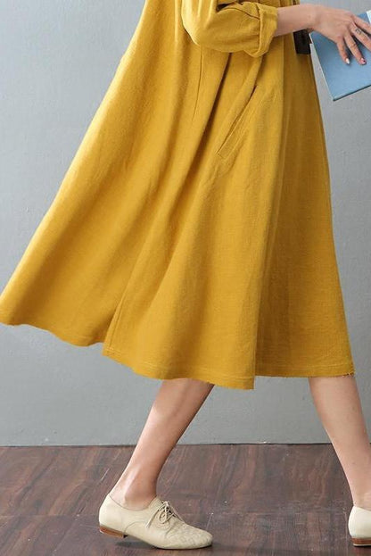 Spring Yellow Cotton Linen Dresses Long Sleeve Shirt Dress Outfits