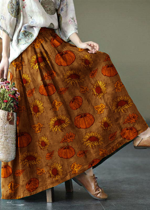 Brown-pumpkin Print Ramie Elastic Waist Skirt