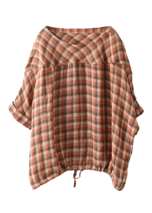Blue O Neck Plaid Patchwork Linen Top Summer