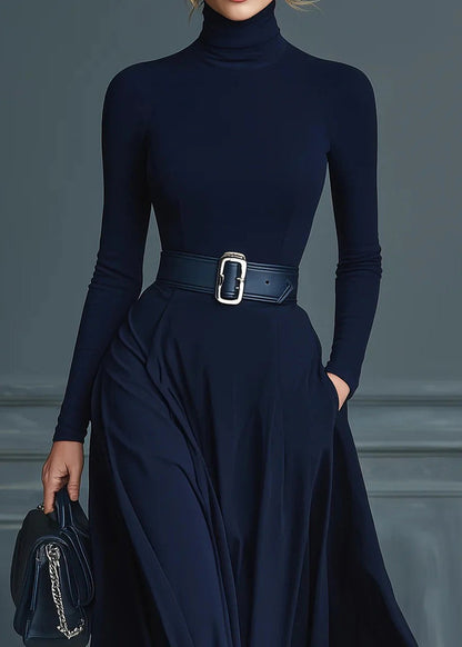 Boutique Navy Hign Neck Patchwork Cotton Long Dress Fall