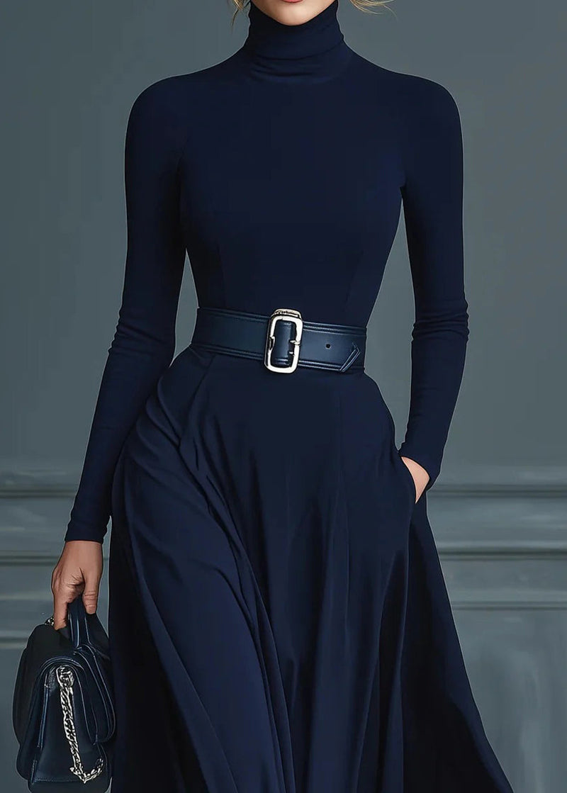 Boutique Navy Hign Neck Patchwork Cotton Long Dress Fall