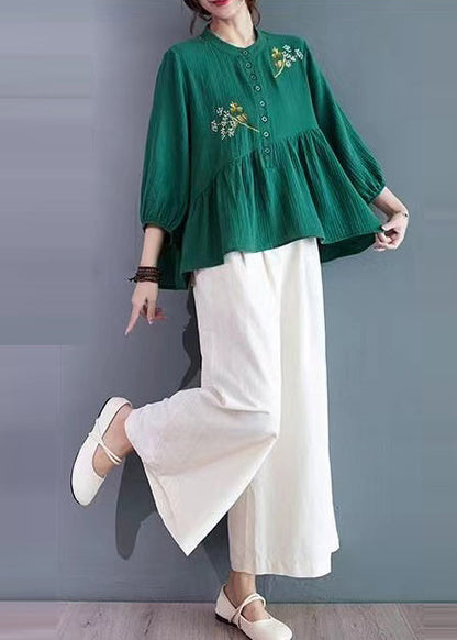 Tea Green Patchwork Cotton Shirt Embroidered Summer