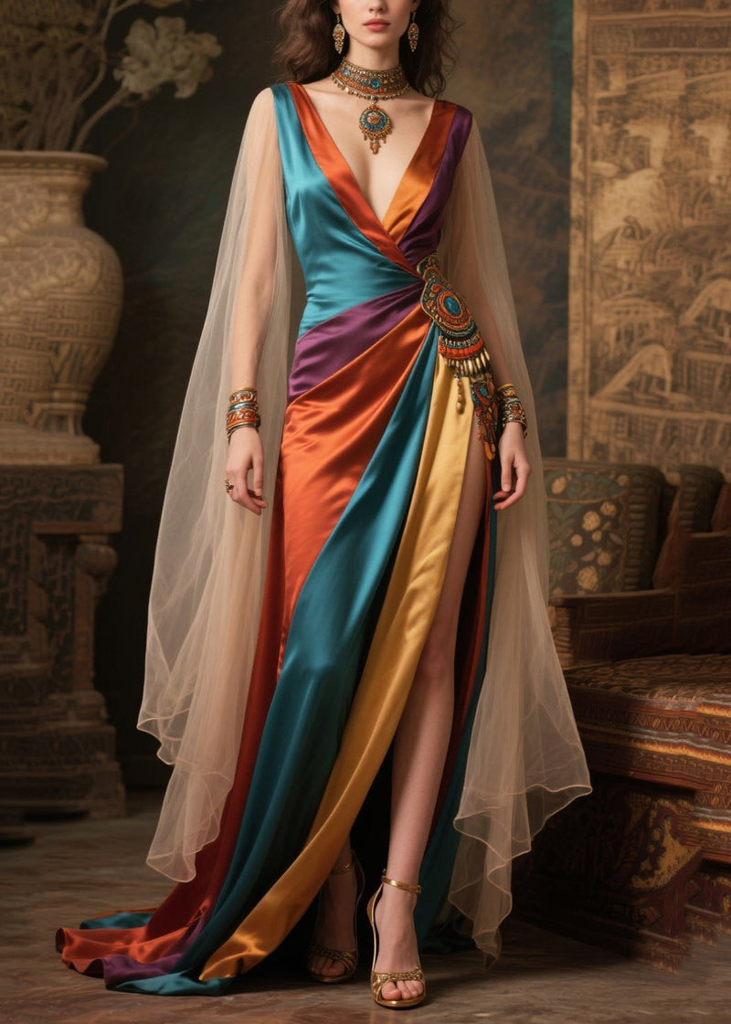 Mixed Color Deep-v Neck Patchwork Exra Large Hem Dresses Summer