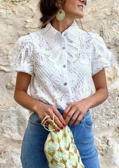 White Peter Pan Collar Hollow Out Lace Blouse Top Summer