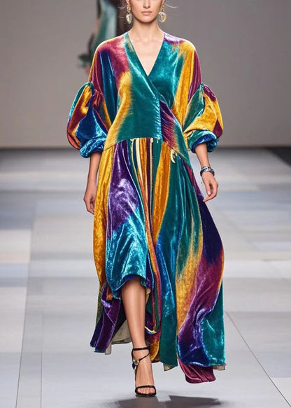 Gradient Color Exra Large Hem Silk Velvet Dress Lantern Sleeve