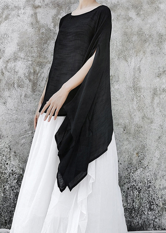 Black Baggy Linen Upf 50+ Tops Asymmetrical Batwing Sleeve