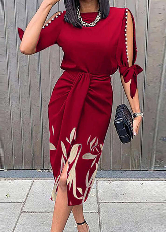 Red Off Shoulder Lace Up Print Dress Summer