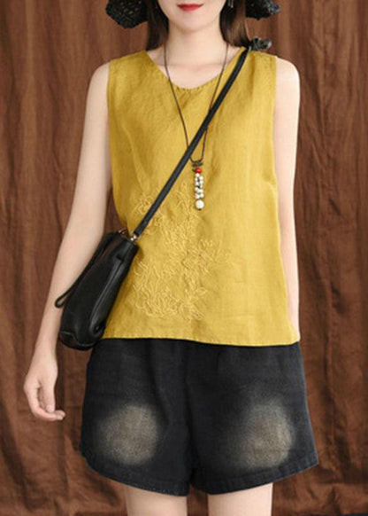 Blue Embroidered Sleeveless Linen Shirt Tops Summer
