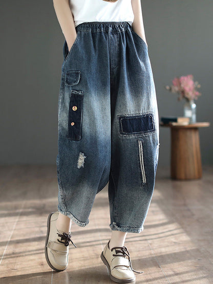Hollow Elasticity Applique Denim Ninth Pants