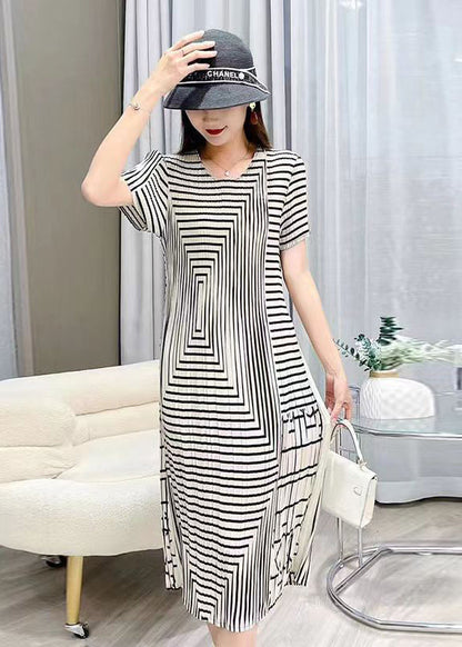White O Neck Striped Wrinkled Silk Dresses Summer