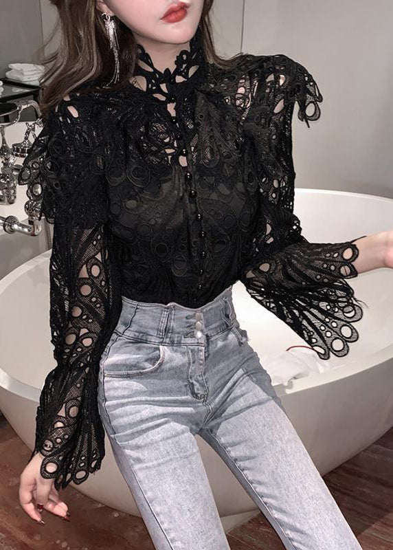 White Turtleneck Embroidered Lace Shirts Flare Sleeve