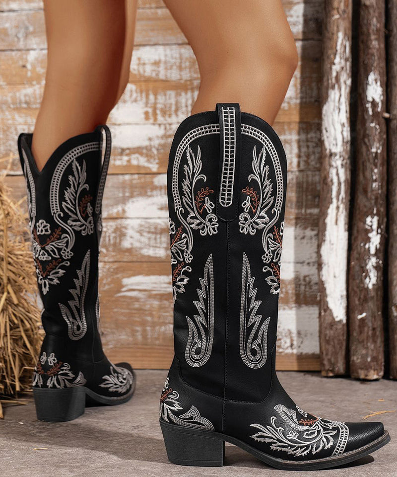 Black Splicing Faux Leather Chunky Boots Embossed