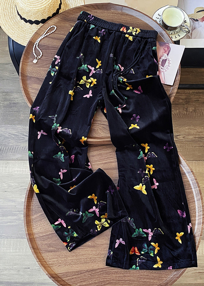 New Black Butterfly Elastic Waist Silk Velvet Straight Pants Fall