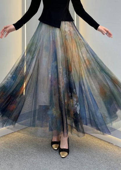 French Dark Grey Elastic Waist Tulle Maxi Skirt Summer