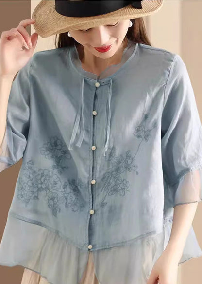 Blue Embroidered Tulle Patchwork Linen Shirt Summer