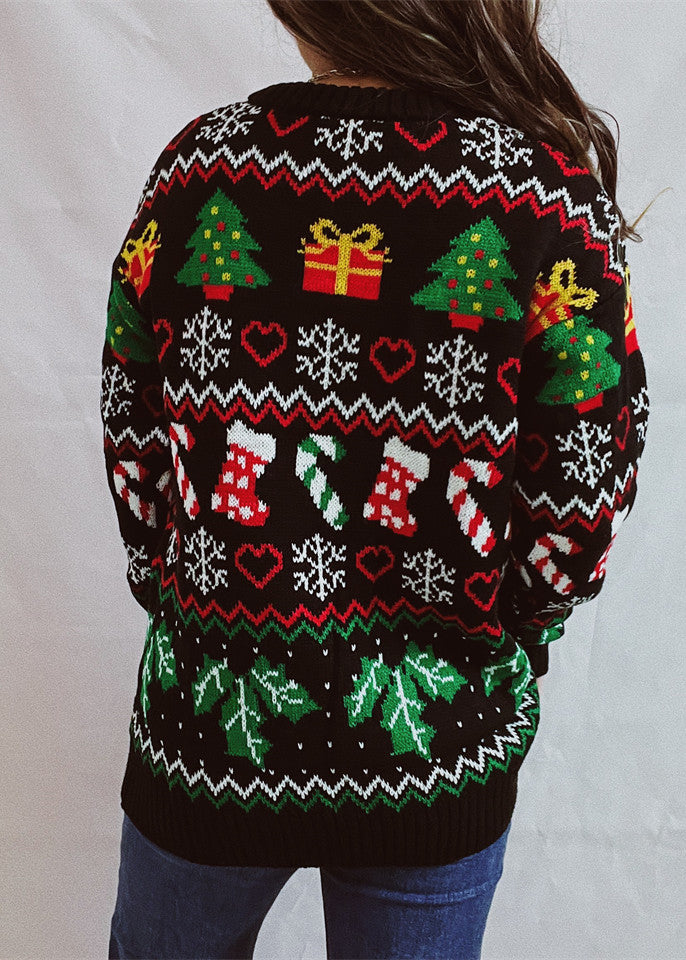 Loose Black O Neck Jacquard Christmas Knit Sweaters Winter