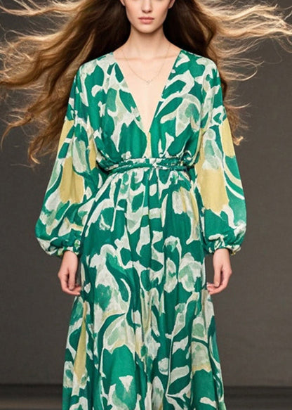 Green V Neck Print Chiffon Holiday Dresses Fall