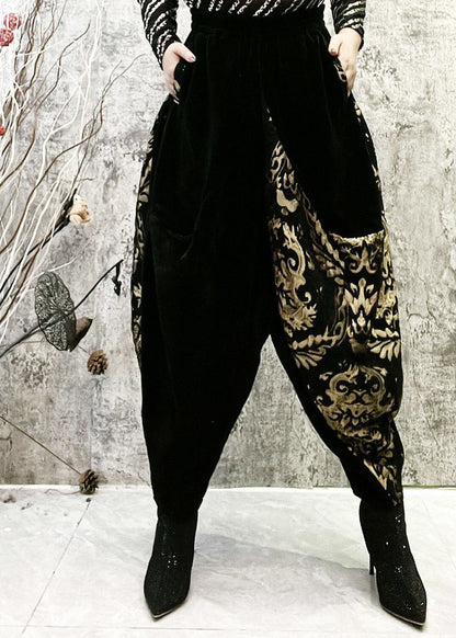 Black Embroidered Pockets Patchwork Corduroy Lantern Pants Spring
