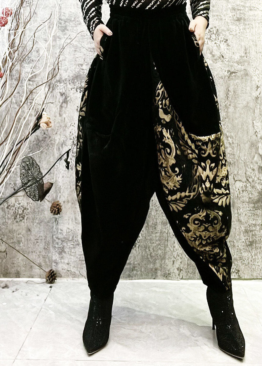 Black Embroidered Pockets Patchwork Corduroy Lantern Pants Spring