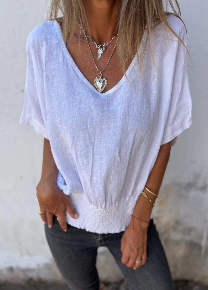 Simple Style White V Neck Cotton T Shirt Top Summer