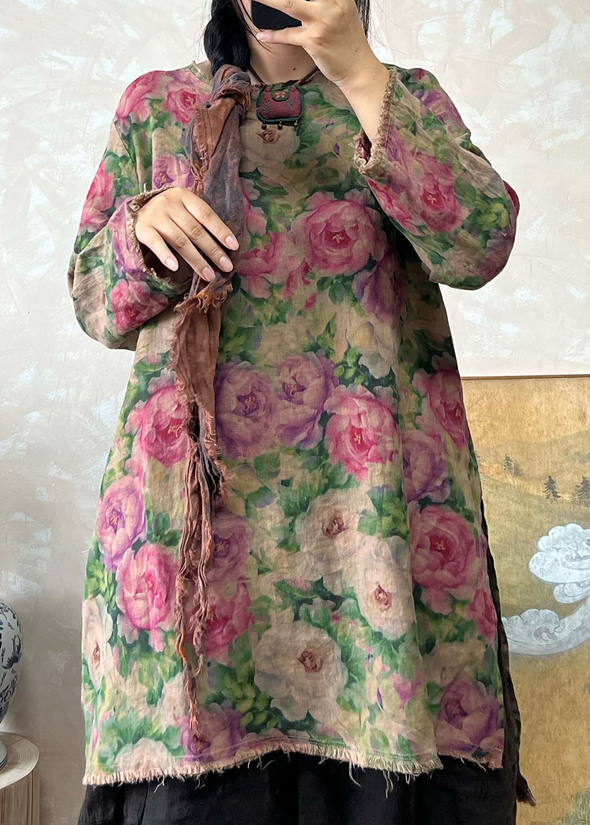 Loose Green O Neck Print Linen Top Long Sleeve