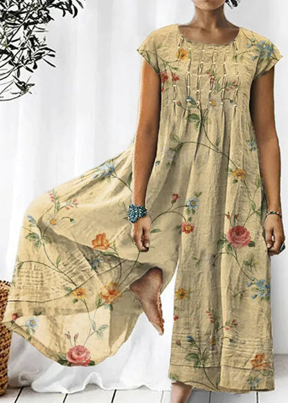 Khaki O Neck Print Cotton Jumpsuits Summer