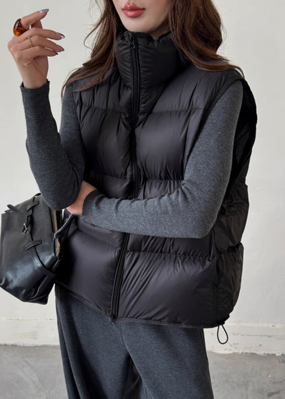 Black Drawstring Duck Down Winter Waistcoat Zip Up