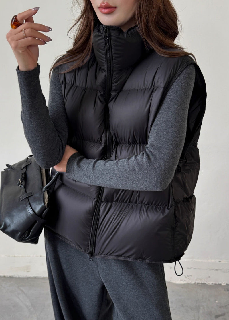 Black Drawstring Duck Down Winter Waistcoat Zip Up