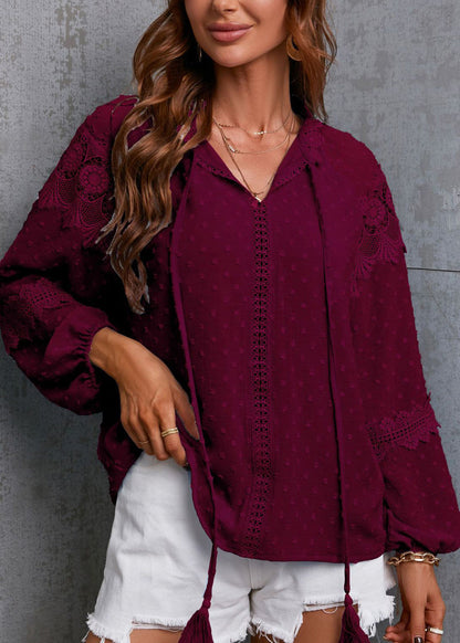 Unique Blue Hollow Out Lace Patchwork Chiffon Shirt Top Spring