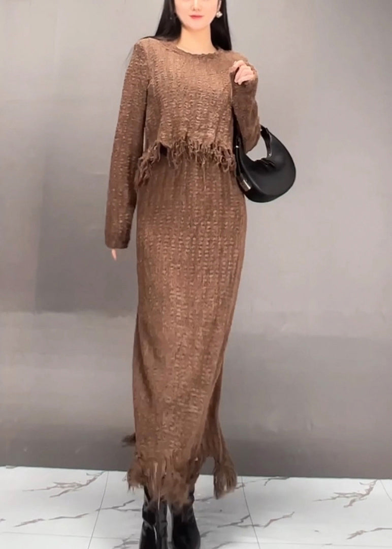 Stylish Brown O-neck Asymmetrical Tassel Top and Maxi Skirts Two Pieces Set Fall