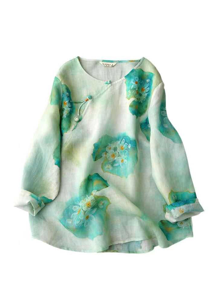 Pink O Neck Print Chinese Button Linen Blouse Top Fall