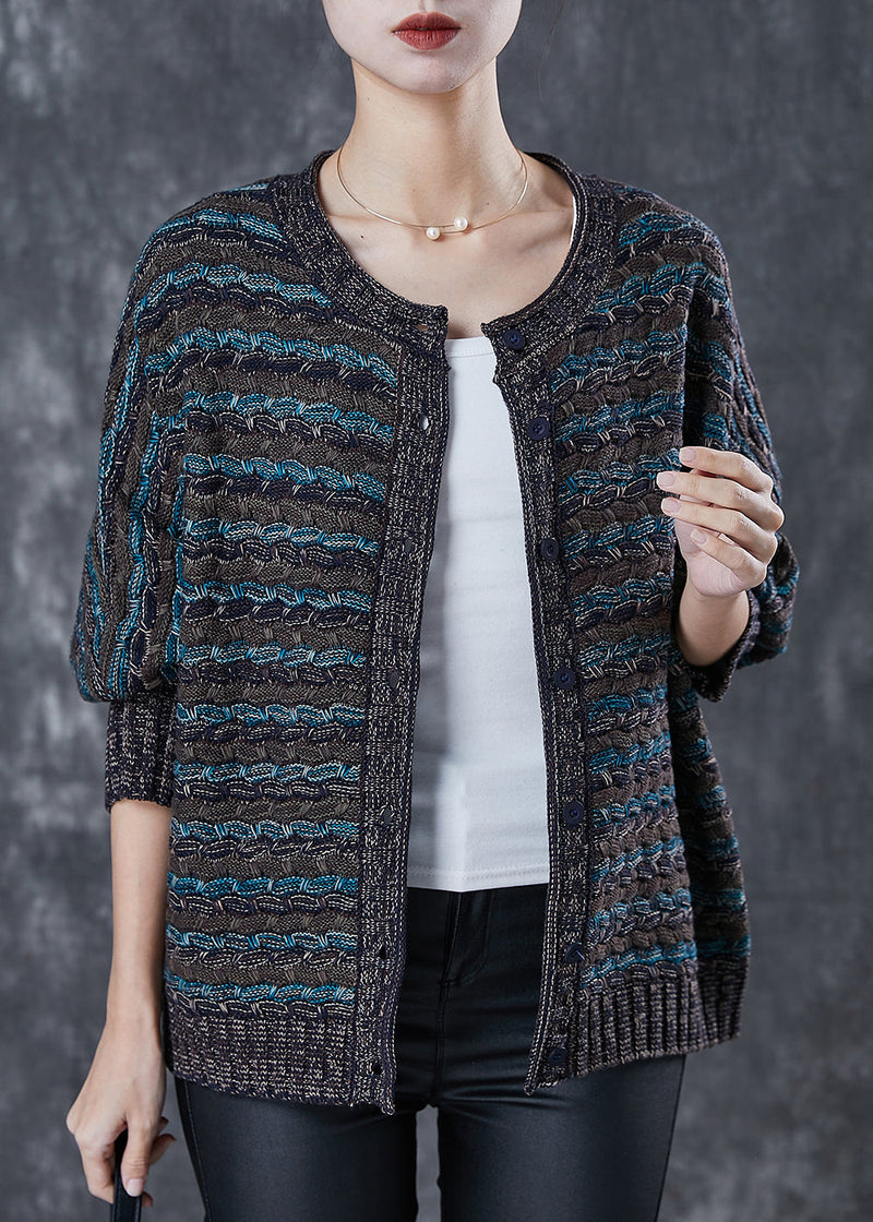 Dull Grey Oversized Striped Knit Loose Coat Spring