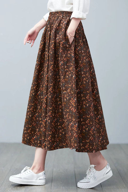 Spring Cotton Linen Print Skirt High Waist A-line Skirt
