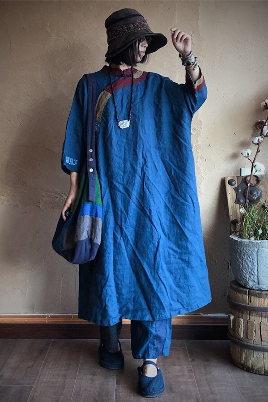 -blue Linen Loose Dress Robe