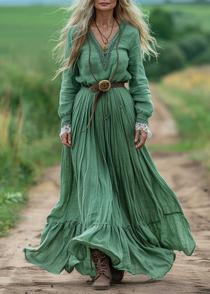 Green V Neck Wrinkled Patchwork Cotton Dresses Spring