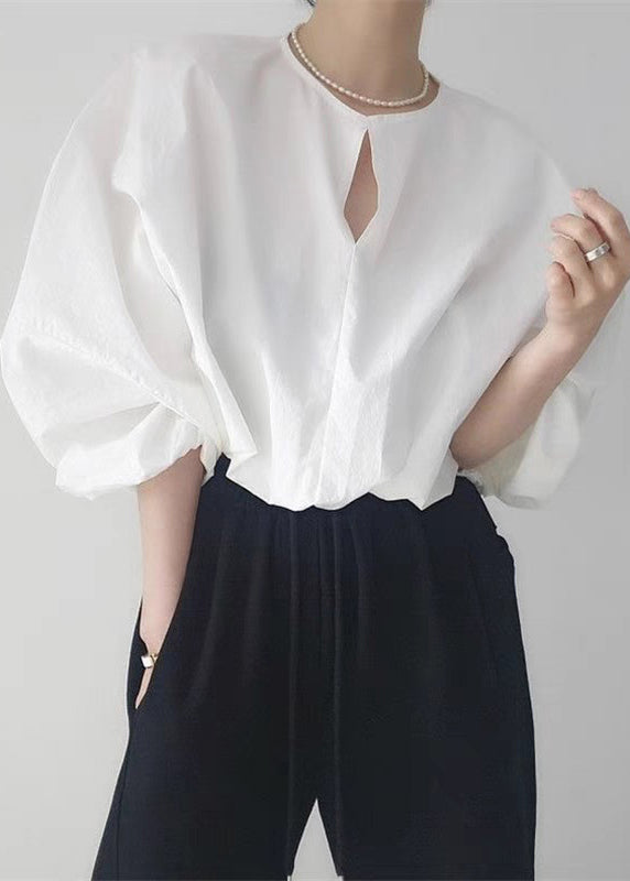 Loose White Button Hollow Out Cotton Shirts Fall