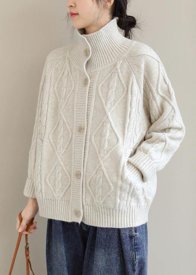 Cozy Beige Sweaters Stand Collar Pockets Spring Knit Sweat Tops