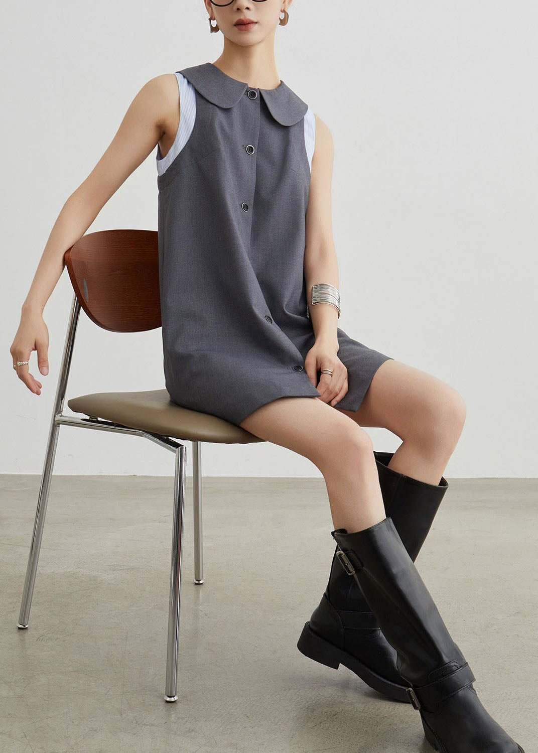 Grey Peter Pan Collar Patchwork Cotton T Shirt Dresses Sleeveless